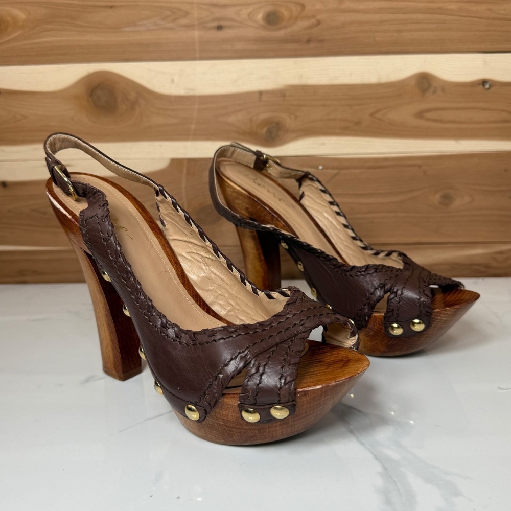 Dione Chuncky Wooden Heel Platform Sandals Leather Straps Brown Size 7.5 - Picture 7 of 13